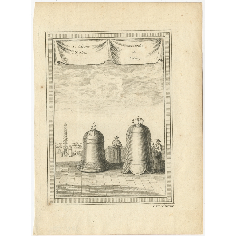 Antique Print of two Chinese Bells by Prévost (1748)