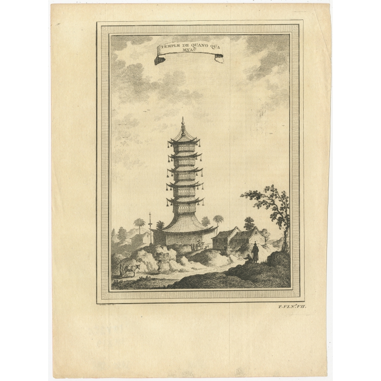 Antique Print of the Quangguamiau Pagoda by Chedel (1748)