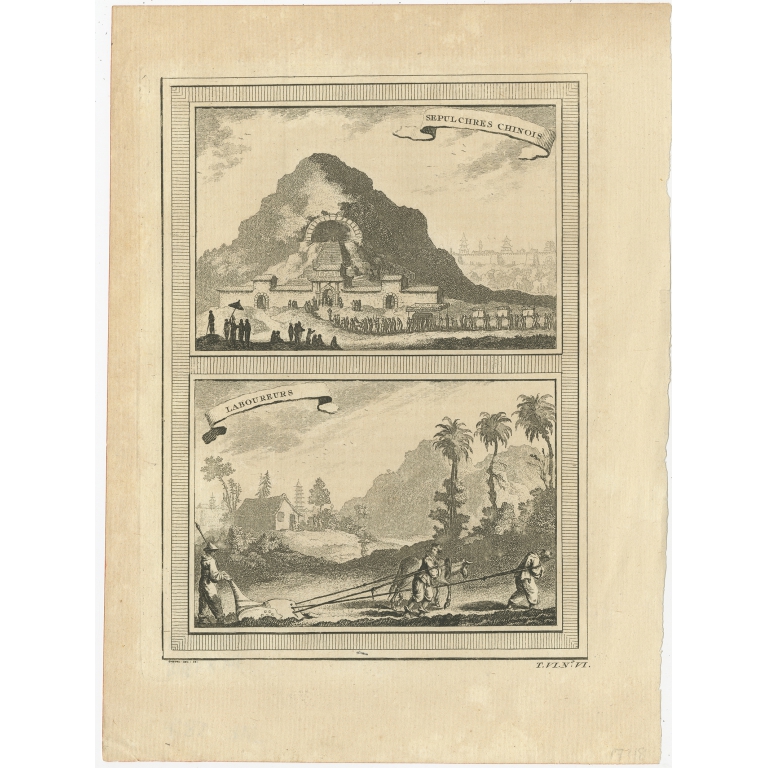 Antique Print of Chinese Tombs and Chinese Farmers by Chedel (1748)