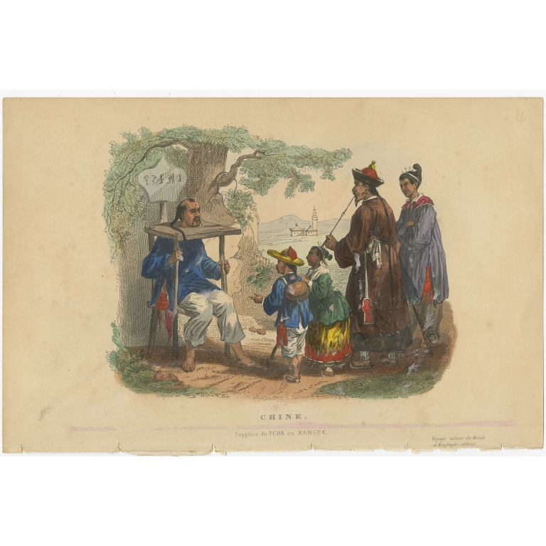 Antique Print of Punishment with a Cangue by De Lurcy (1844)