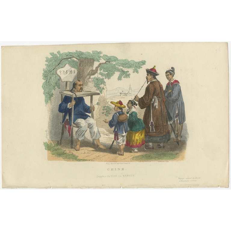 Antique Print of Punishment with a Cangue by De Lurcy (1844)