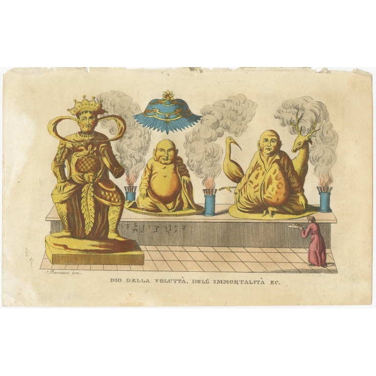 Antique Print of Statues of Chinese Deities by Ferrario (1823)