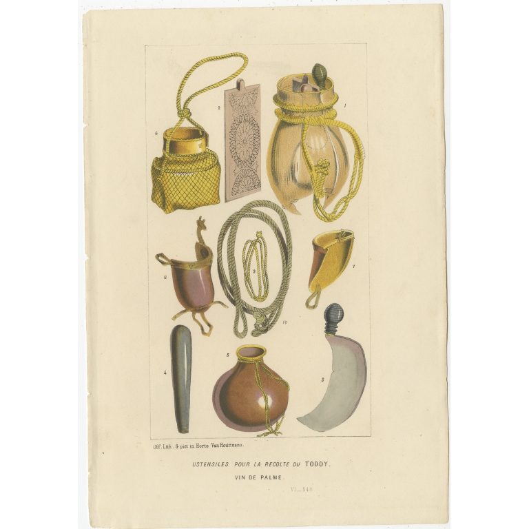 Antique Print of Utensils to harvest Palm Wine by Van Houtte (1851)