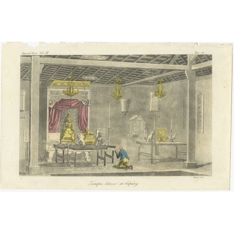 Antique Print of a Chinese Temple by Ferrario (1834)