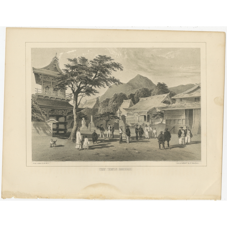 Antique Print of the Chief Temple in Hakodate by Hawks (1856)