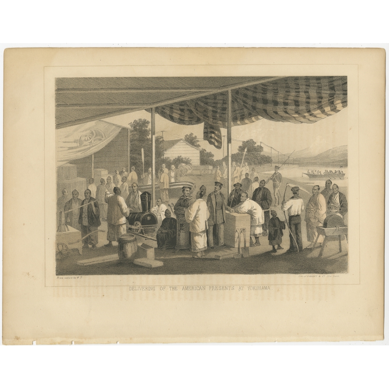 Antique Print of the delivery of American presents at Yokohama by Hawks (1856)