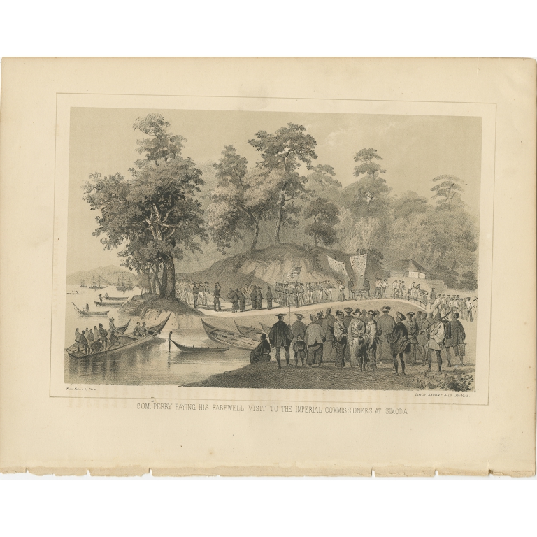 Antique Print of Commodore Matthew Perry's Farewell Visit by Hawks (1856)