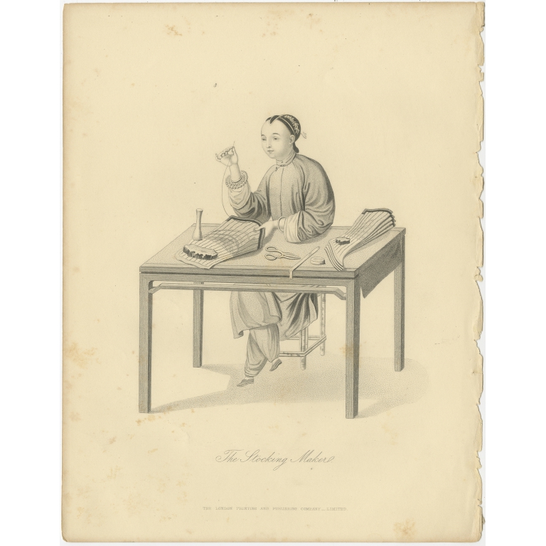 Antique Print of a Chinese Stocking Maker by Allom (1859)