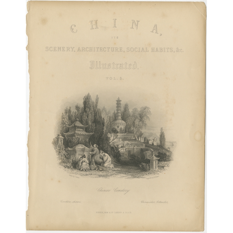 Antique Print of a Chinese Cemetery by Allom (1843)