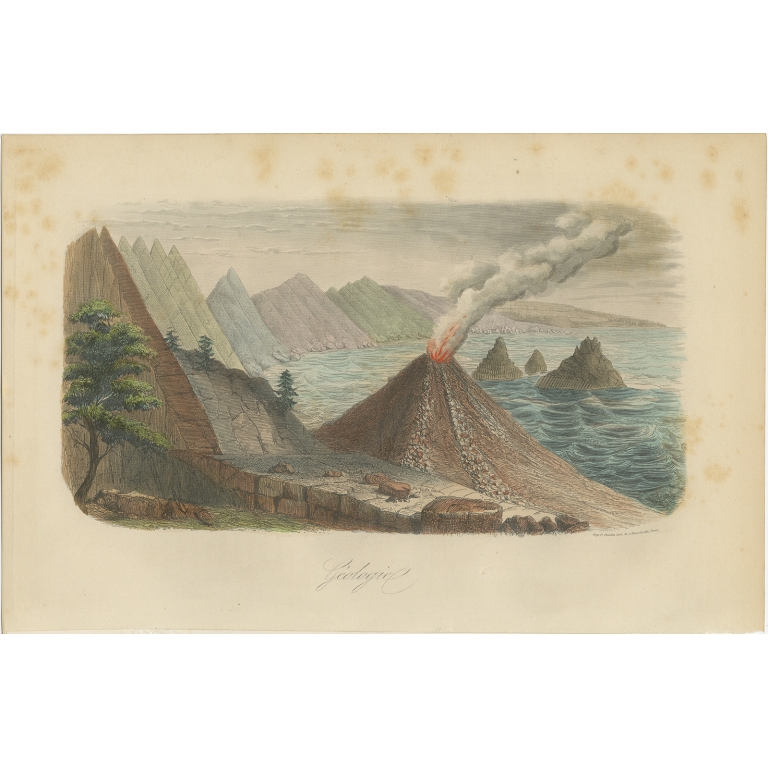 Antique Print of a Landscape and Volcano by Comte (1854)