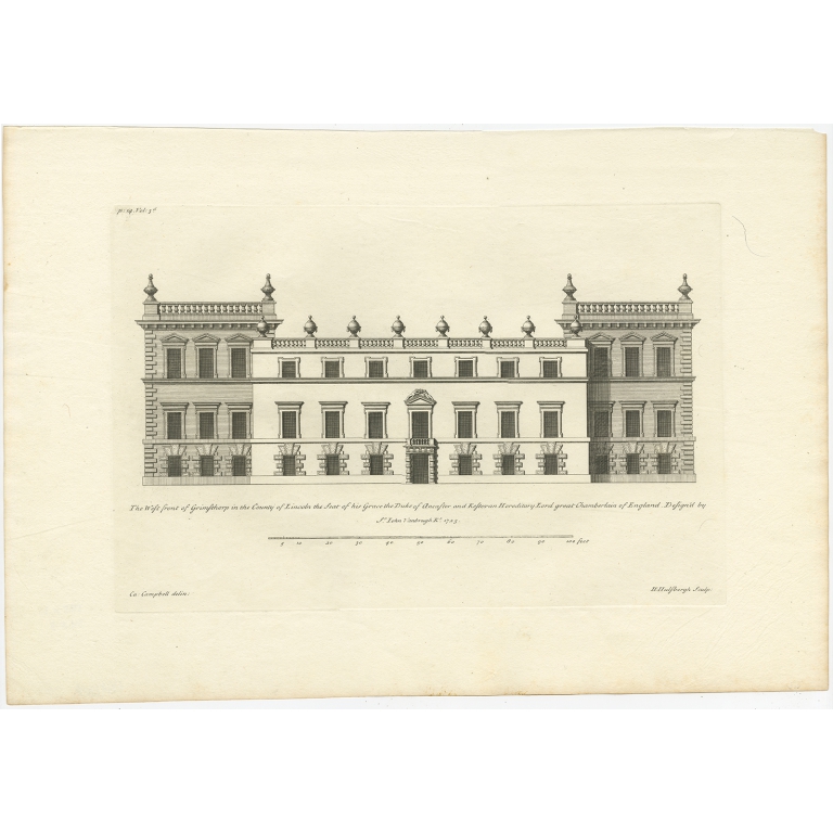 Antique Print of the West Facade of Grimsthorpe Castle by Campbell (1715)