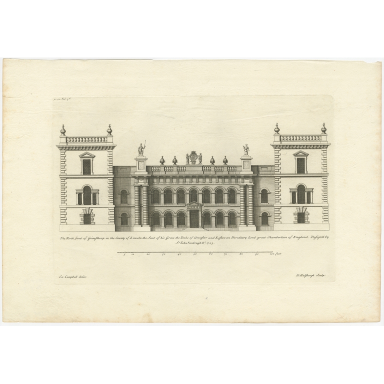 Antique Print of the North Facade of Grimsthorpe Castle by Campbell (1715)