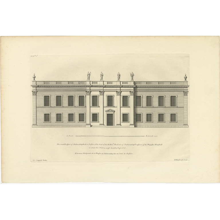 Antique Print of the South Front of Cholmondeley Hall  by Campbell (1717)