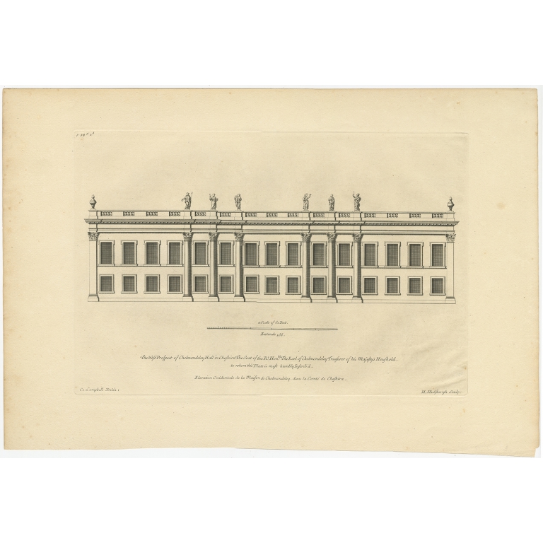 Antique Print of the West Front of Cholmondeley Hall  by Campbell (1717)