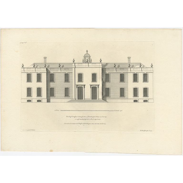 Antique Print of the East Front of Beddington Place by Campbell (1717)