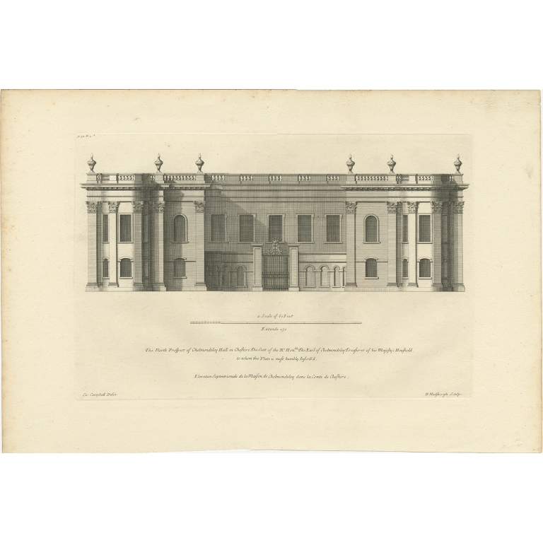 Antique Print of the North Front of Cholmondeley Hall by Campbell (1717)