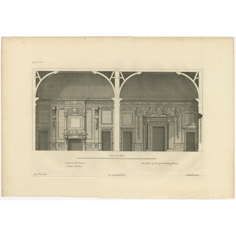 Antique Print of the Salon and Dining Room of Wilton House by Campbell (1717)