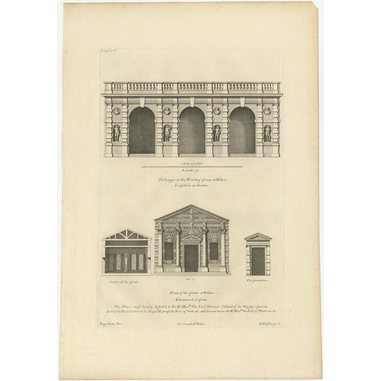 Antique Print of the Loggia and the Bowling Green of Wilton House by Campbell (1717)