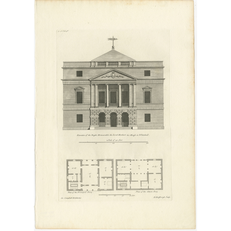 Antique Print of Designs for Pembroke House Whitehall by Campbell (1725)