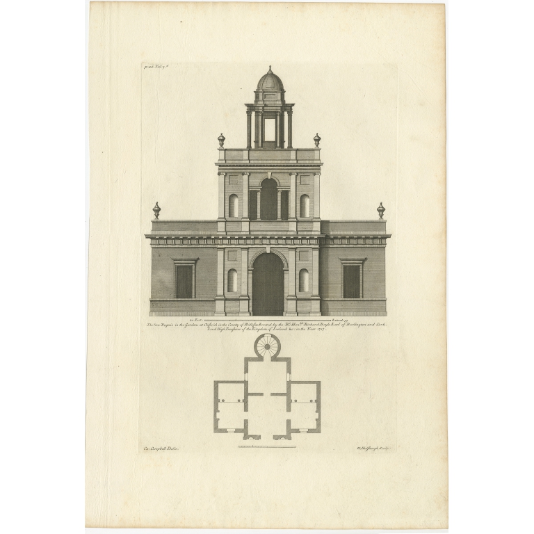 Antique Print of the Design for the Bagnio of Chiswick House by Campbell (1725)