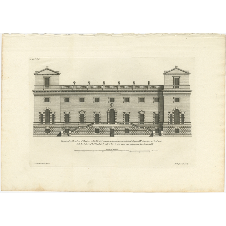 Antique Print of the North Front of Houghton Hall by Campbell (1725)