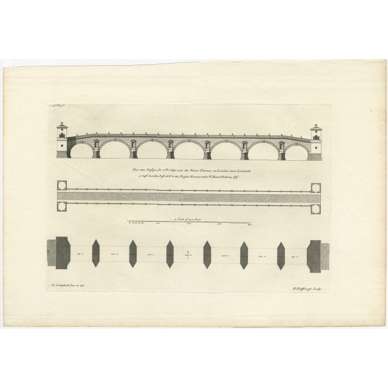 Antique Print of a Design for a new bridge across the Thames by Campbell (1725)