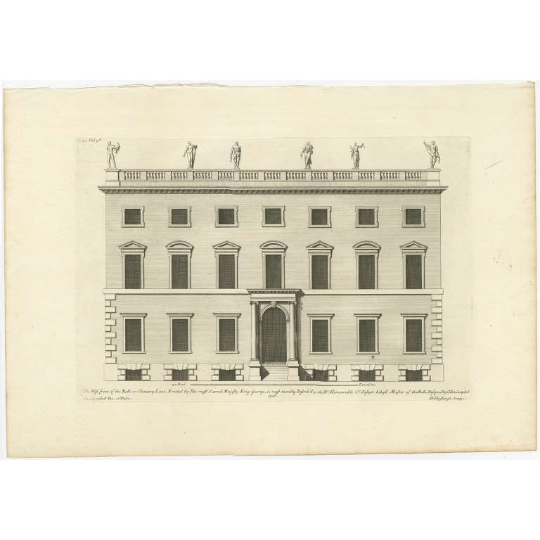 Antique Print of the West Front of Rolls House by Campbell (1725)