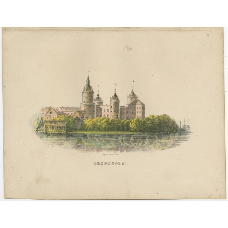 Antique Print of Gripsholm Castle by Sandberg (c.1864)