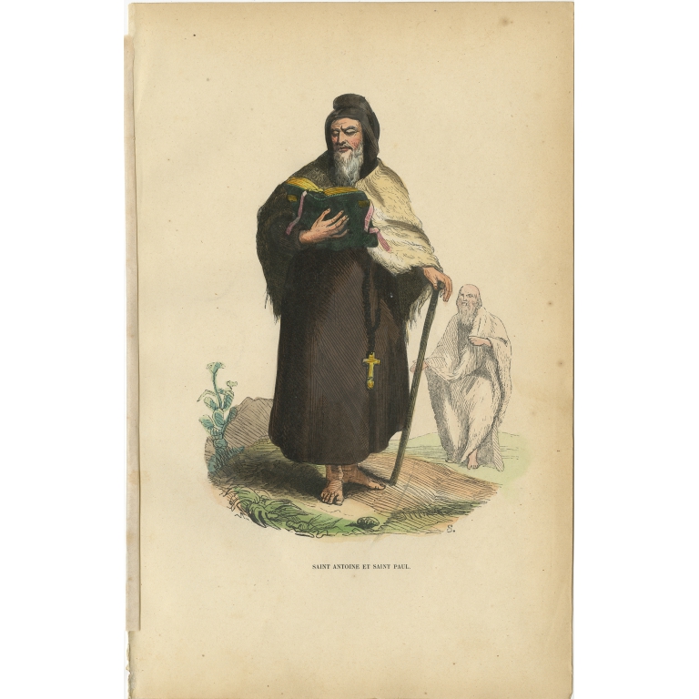 Antique Print of Saint Anthony and Saint Paul by Tiron (1845)