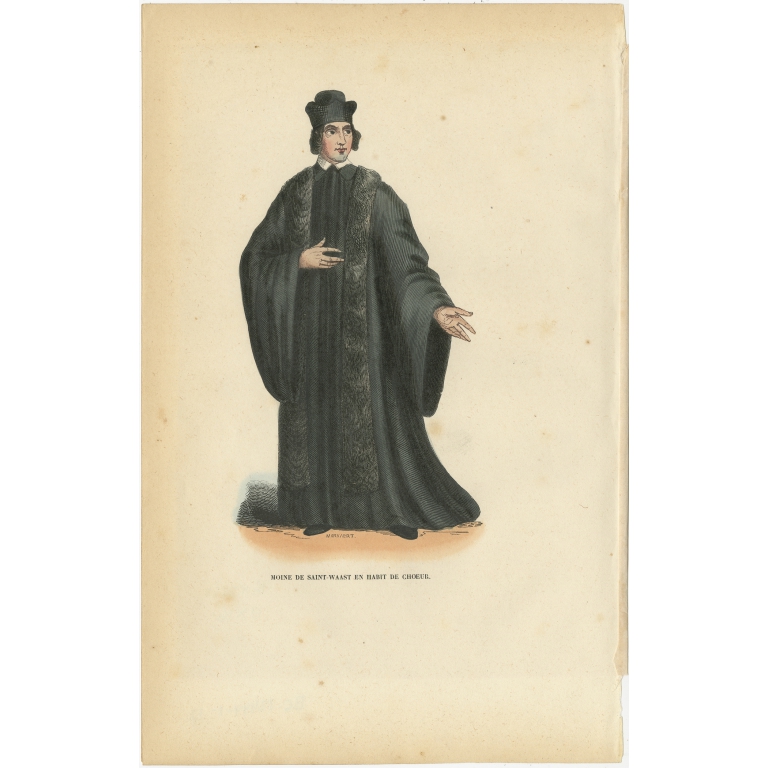 Antique Print of a Monk of Saint Waast in Choir Dress by Tiron (1845)