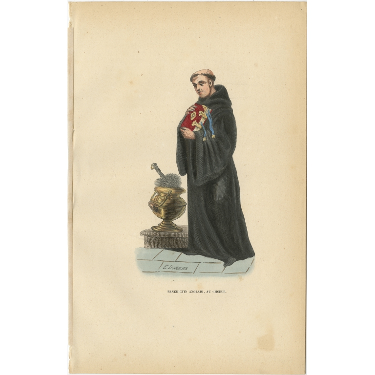 Antique Print of an English Benedictine in Choir Dress by Tiron (1845)