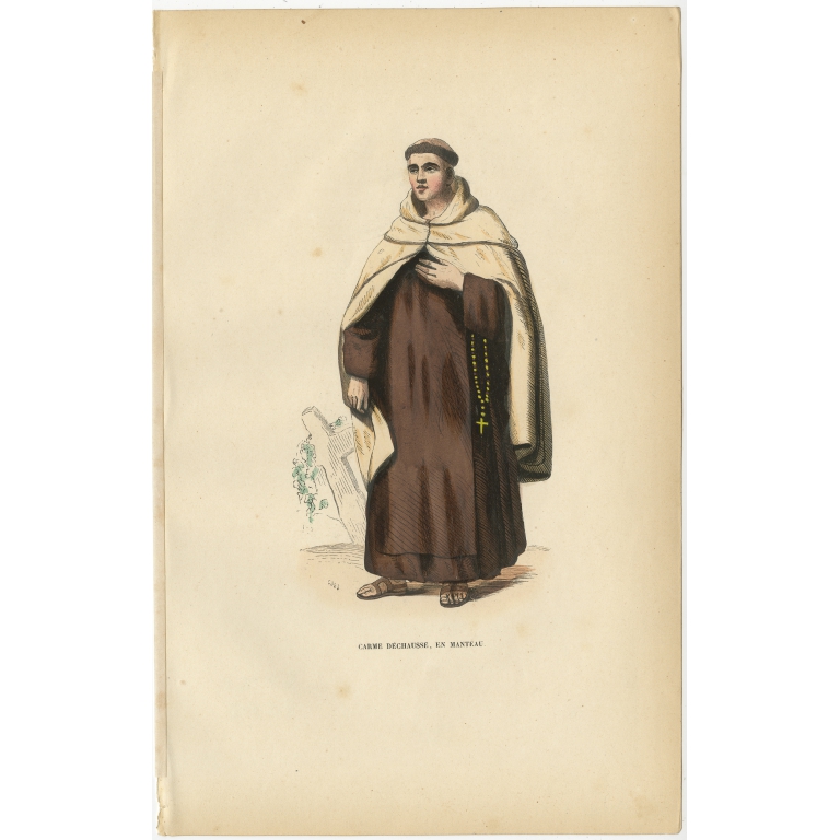 Antique Print of a Carmelite wearing a Mantle by Tiron (1845)