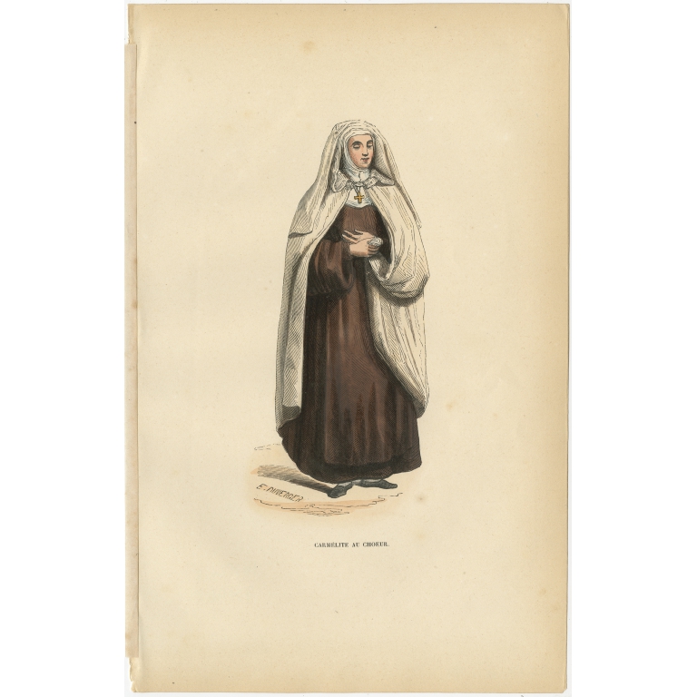 Antique Print of a Carmelite in Choir Dress by Tiron (1845)