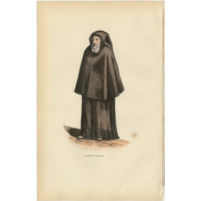 Antique Print of a Capuchin in Coat by Tiron (1845)