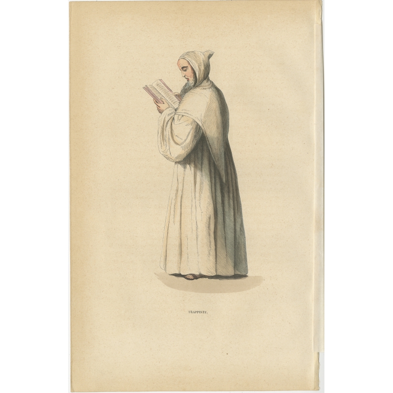 Antique Print of a Trappist Monk reading a Bible by Tiron (1845)