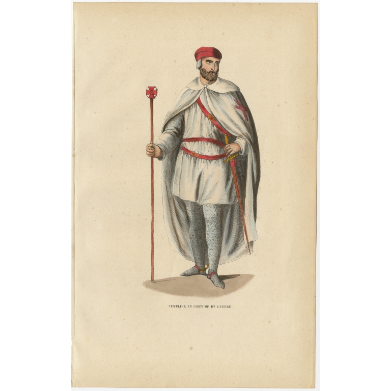 Antique Print of a Knight of the Knights Templar in Battle Costume by Tiron (1845)