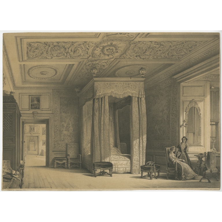 Antique Print of the State Bedroom of Warwick Castle by Hanhart (c.1850)