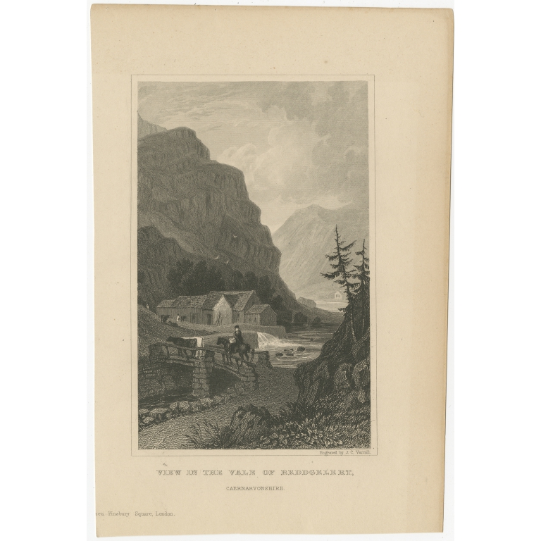 Antique Print of a Man crossing the Afon Glaslyn by Varrall (c.1830)