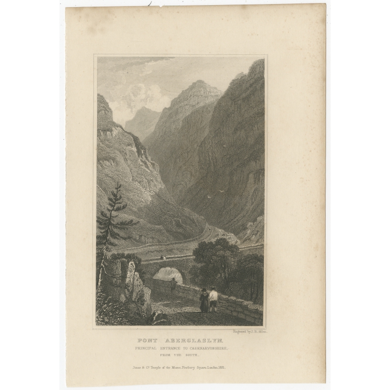 Antique Print of a Man crossing the Afon Glaslyn by Allen (c.1830)