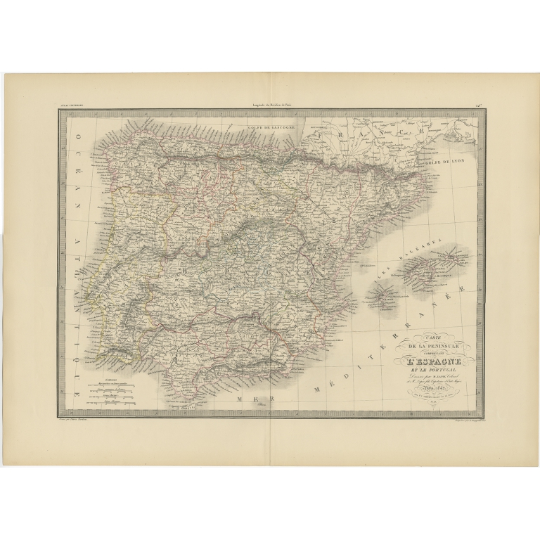 Antique Map of Spain and Portugal by Lapie (1842)
