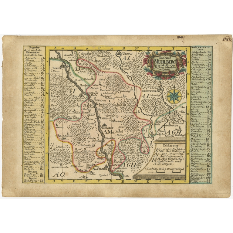Antique Map of the Region of Mühlberg by Schreiber (1749)