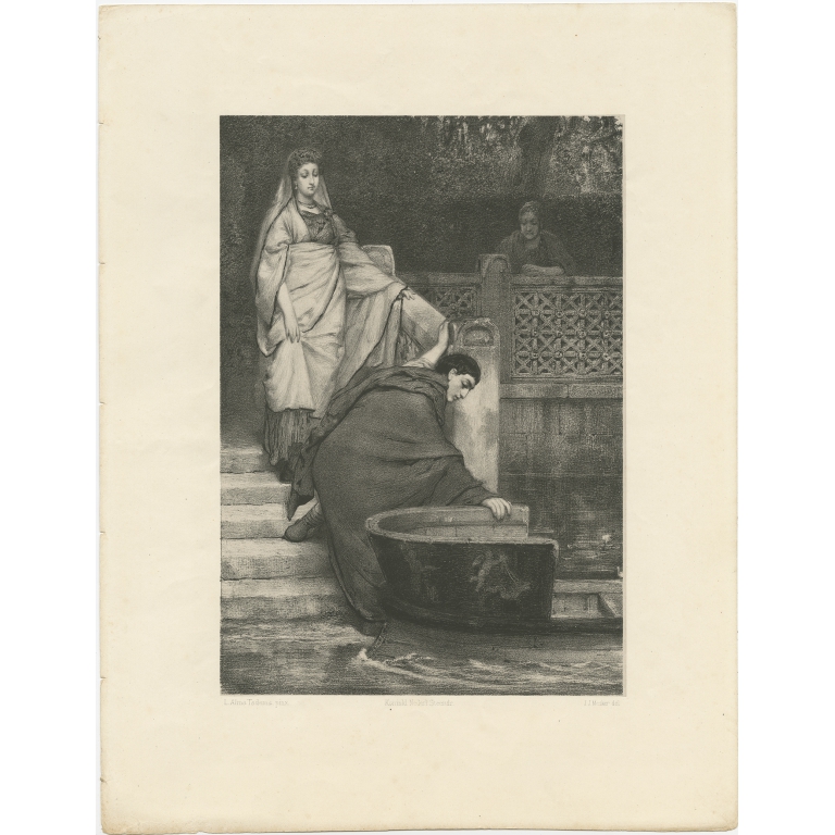 Antique Print of a Woman boarding a Boat by Mesker (c.1870)