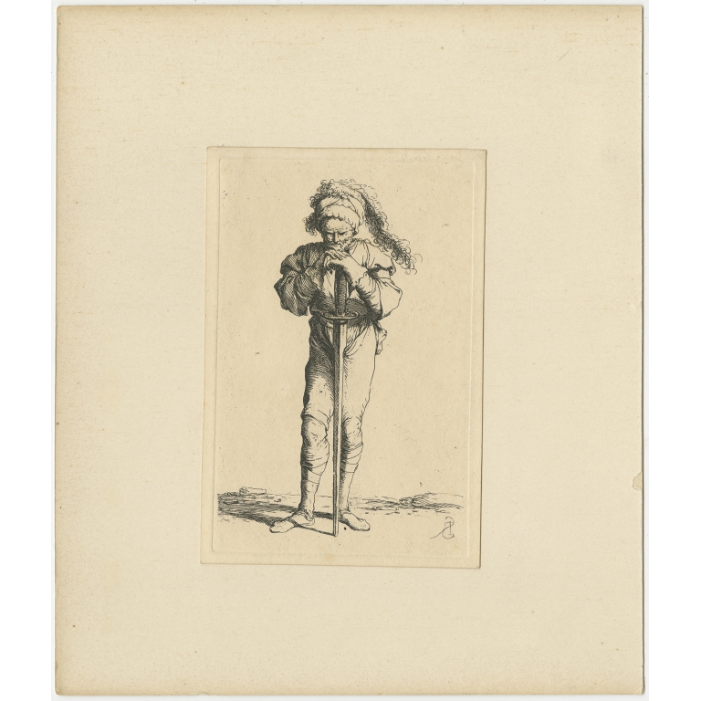 Antique Print of a Warrior standing and leaning on a Sword by Rosa (c.1658)