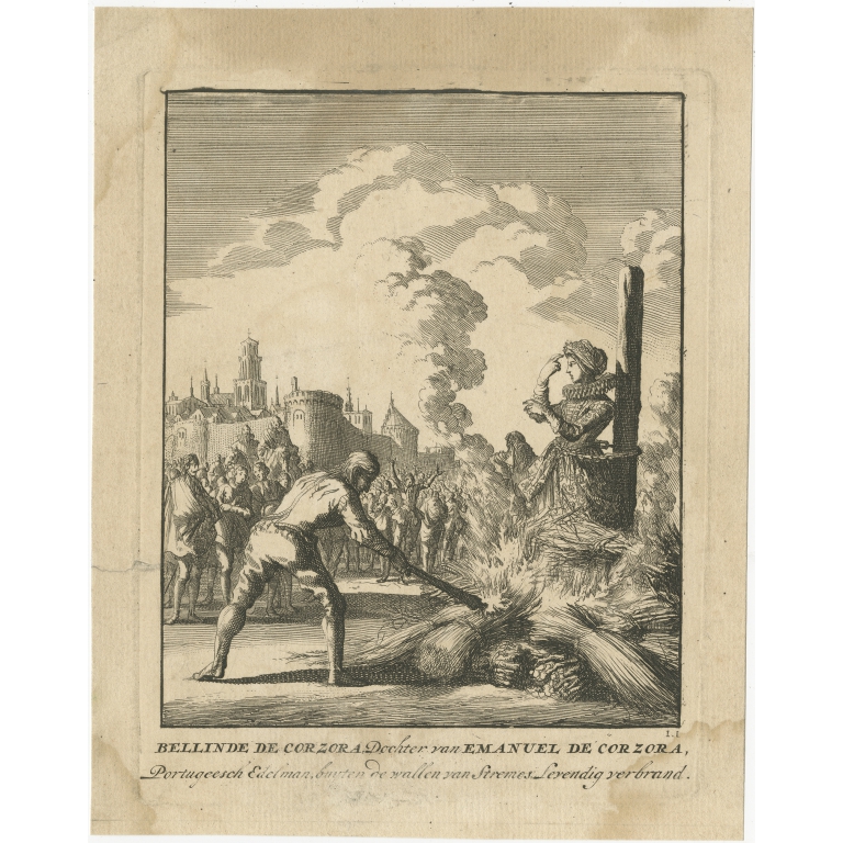 Antique Print of Bellinde de Corzora burned alive by Luyken (c.1698)
