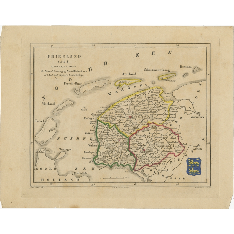 Antique Map of Friesland by Veelwaard (c.1865)