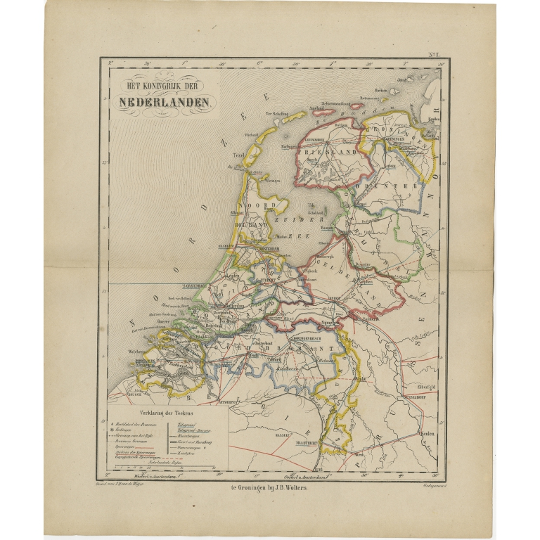 Antique Map of the Netherlands by Brugsma (1864)