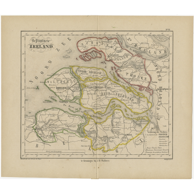 Antique Map of Zeeland by Brugsma (1864)