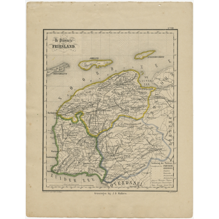 Antique Map of Friesland by Brugsma (c.1870)