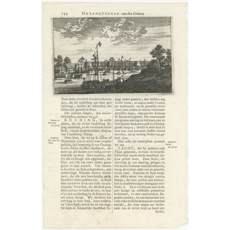Antique Print of Tachu Village by Nieuhof (1665)