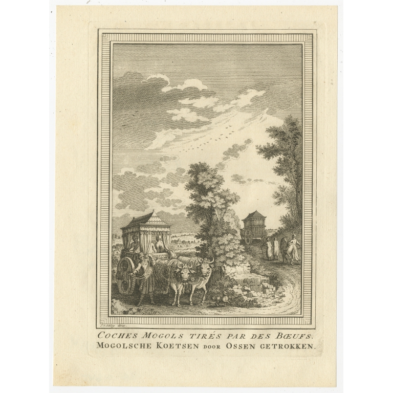 Antique Print of a Mughal Coach pulled by Cattle by Van Schley (1757)